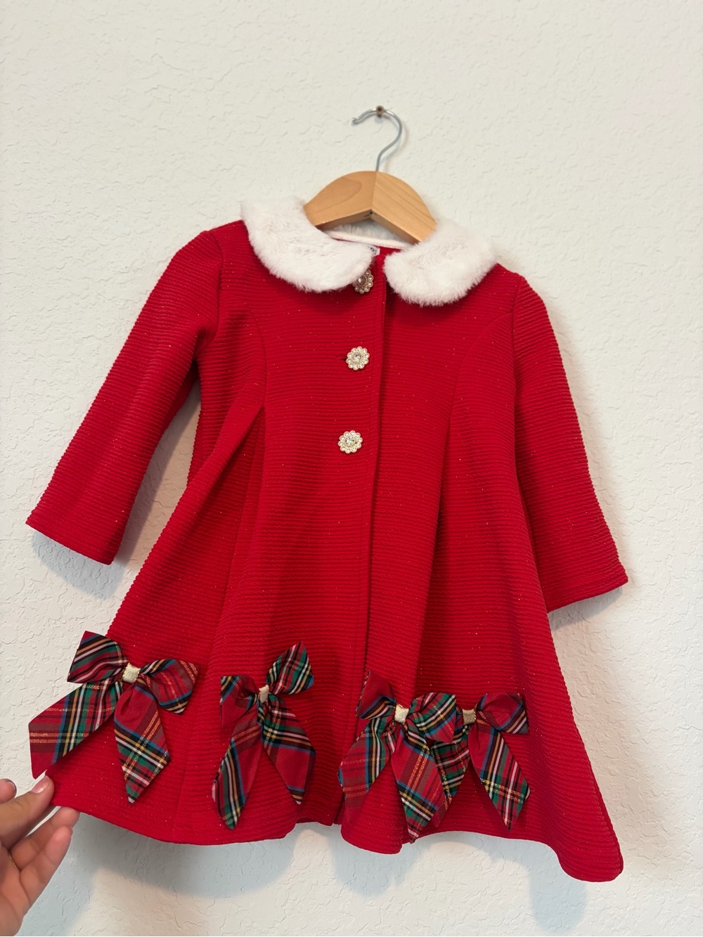 Blueberi Boulevard Red Holiday Dress with White Faux Fur Collar